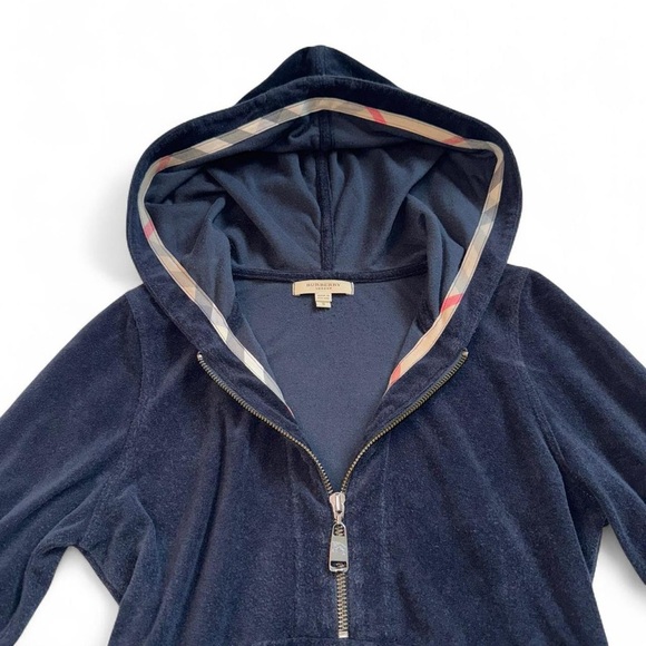 Vintage Burberry Navy Velour Hoodie - Small - Picture 2 of 6